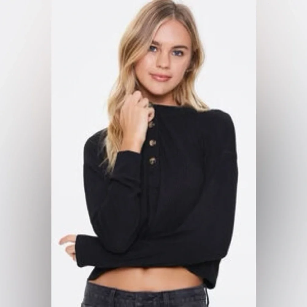 Forever 21 Soft Black Waffle Knit Shirt Button Henley Long Sleeve Top